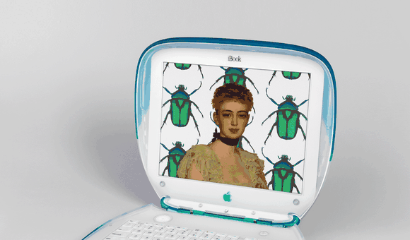Portrait of Eleanor Garnier Hewitt, who co-founded Cooper Hewitt with her sister Sarah, painted in 1888 by Antonia de Bañuelos and an iBook Laptop Computer designed in 1999 by the Apple Industrial Design Team. 