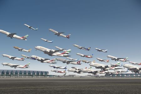 Animation of aircraft taking off from Dubai International Airport.