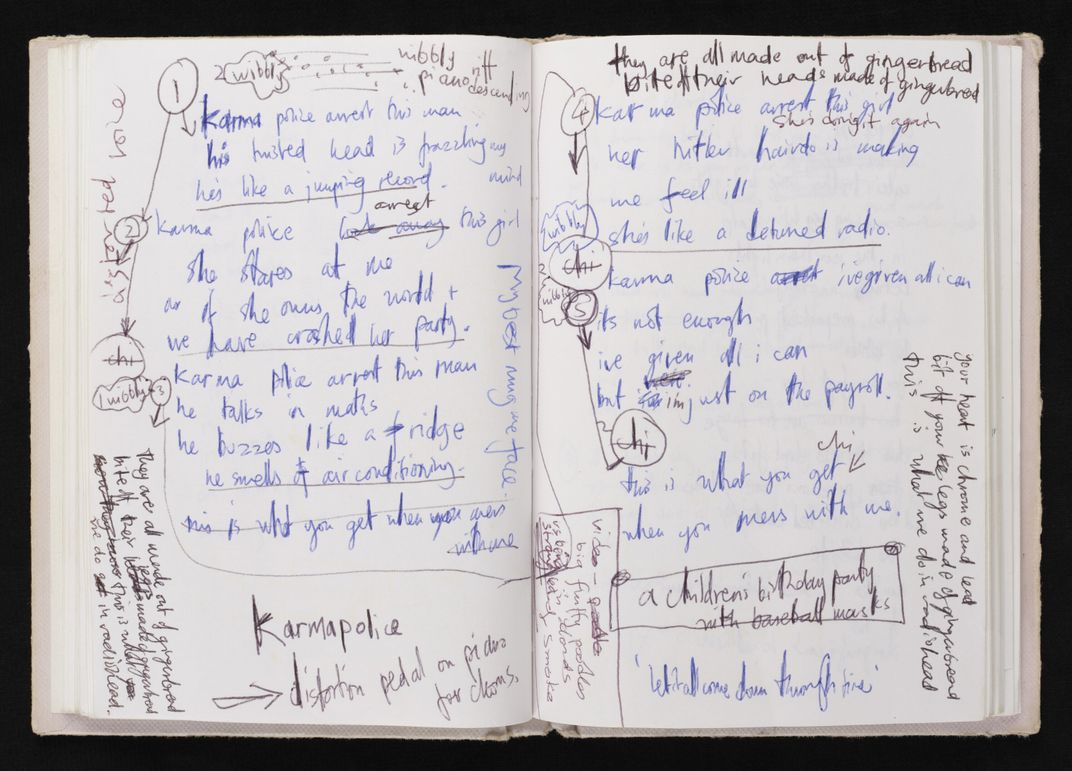 Notebook featuring lyrics for "Karma Police"