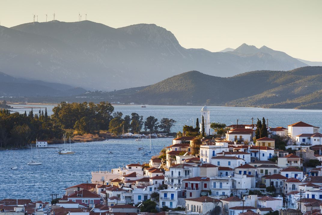 Poros Town, with a view of the mountains of the Peloponnese