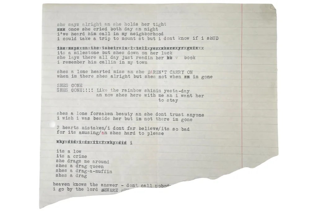 Bob Dylan lyrics on lined paper