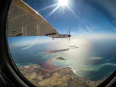 View from the cockpit of Solar Impulse 2 as the plane heads for landing in Abu Dhabi.