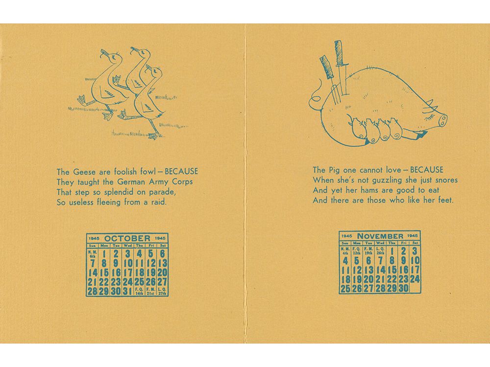 Calendar with verses by William Adams Delano and illustrations by Tina Safranski, 1945. Arthur Sinclair Covey papers, 1882-1960. Archives of American Art, Smithsonian Institution.