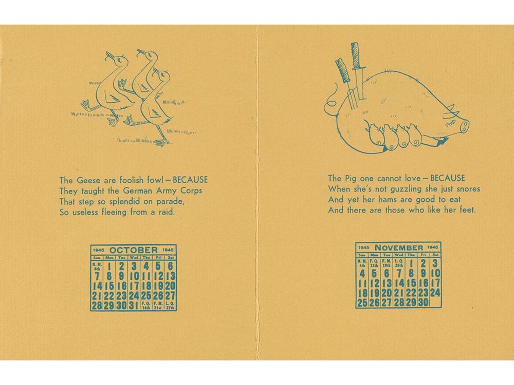 Calendar with verses by William Adams Delano and illustrations by Tina Safranski, 1945. Arthur Sinclair Covey papers, 1882-1960. Archives of American Art, Smithsonian Institution.