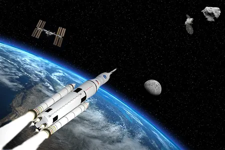 While commercial companies serve the International Space Station (upper left), NASA plans to use the heavy-lift Space Launch System for missions to the moon and asteroids—and eventually Mars.