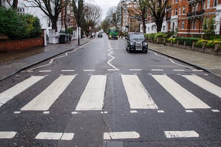 The Abbey Road crosswalk, which has been moved slightly since 1969, in modern times.