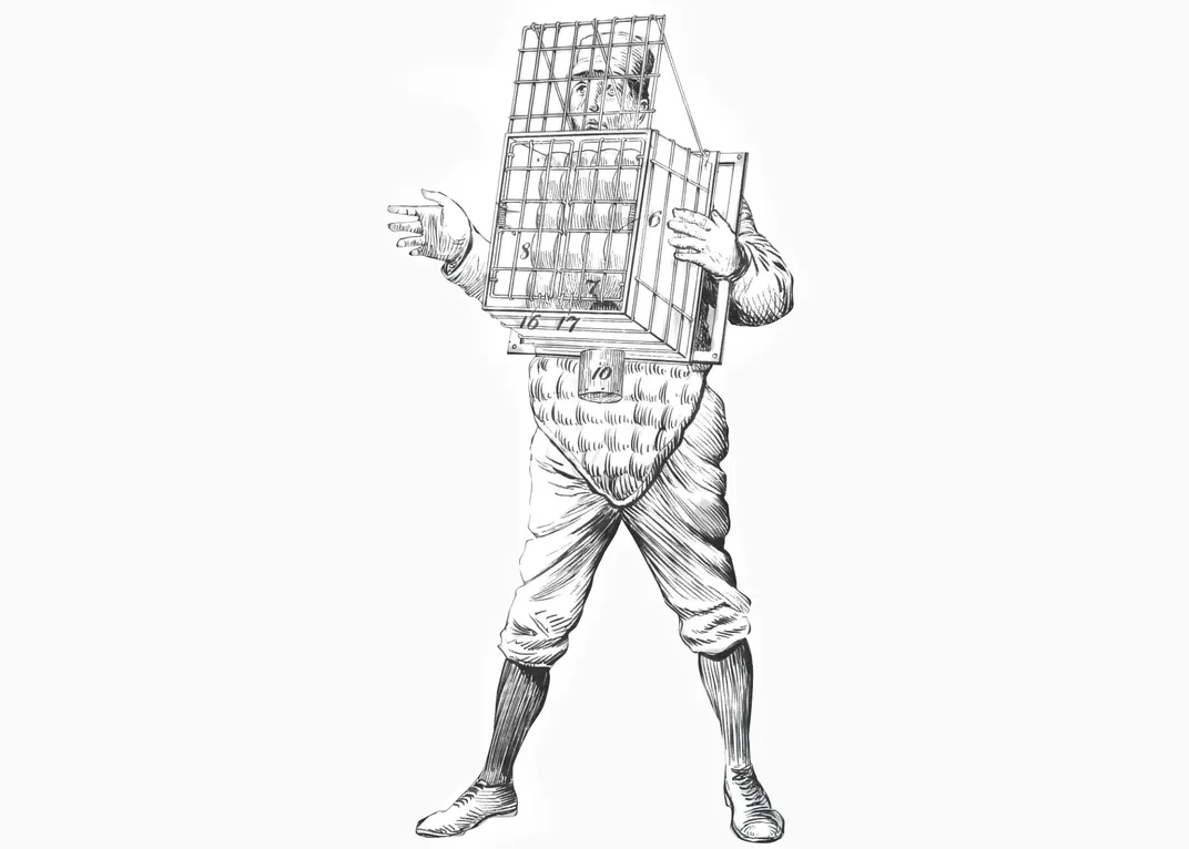 a patent drawing for a cage contraption to be worn by baseball catcher