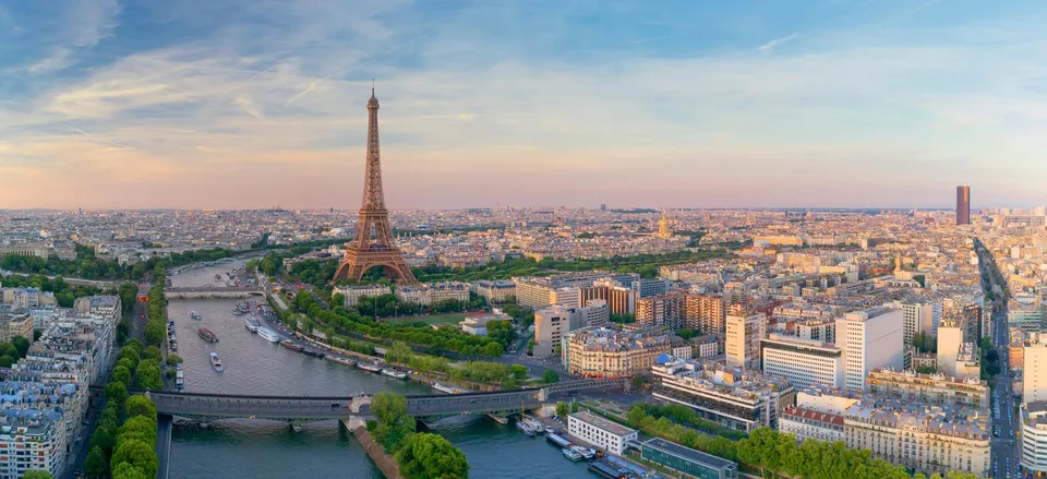  Paris cityscape with the Seine River and Eiffel Tower 