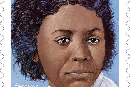 An illustration of a stamp featuring the face of Edmonia Lewis