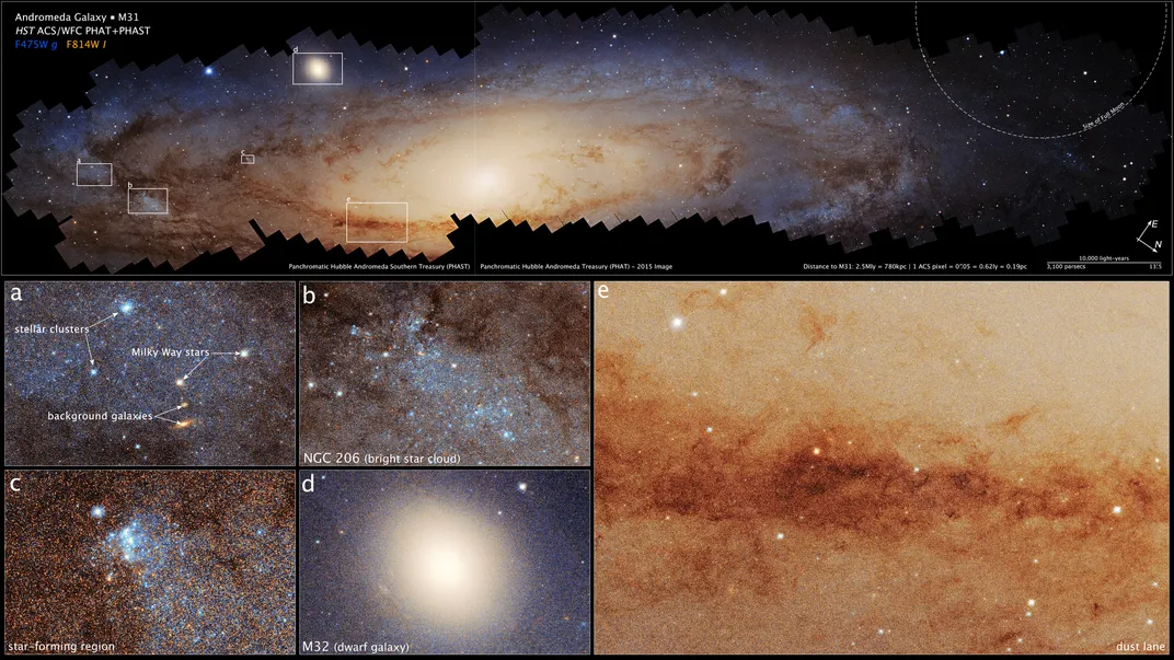 annotated Andromeda photomosaic with inserts highlighting clusters of bright blue stars, star cloud NGC 206, blue newborn stars and satellite galaxy M32