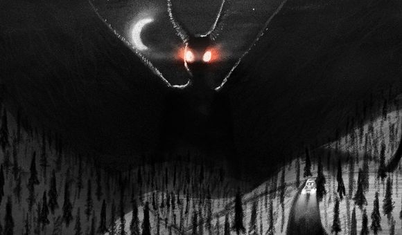 Digital illustration of a large mothlike figure, flying above a forested area and a single car driving down a road at nights. Its eyes are glowing red.