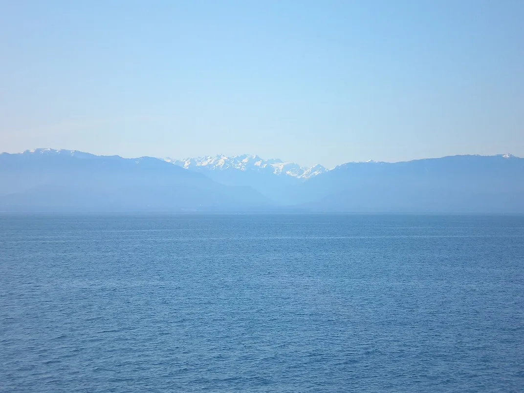 The Strait of Juan de Fuca and the Salish Sea, with the Olympic Peninsula in the background