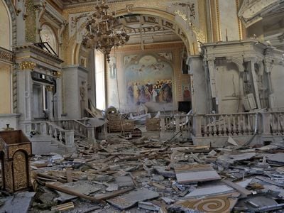 The interior of Transfiguration Cathedral, the largest church building of Odesa, was damaged by a Russian missile that hit the altar on July 23.