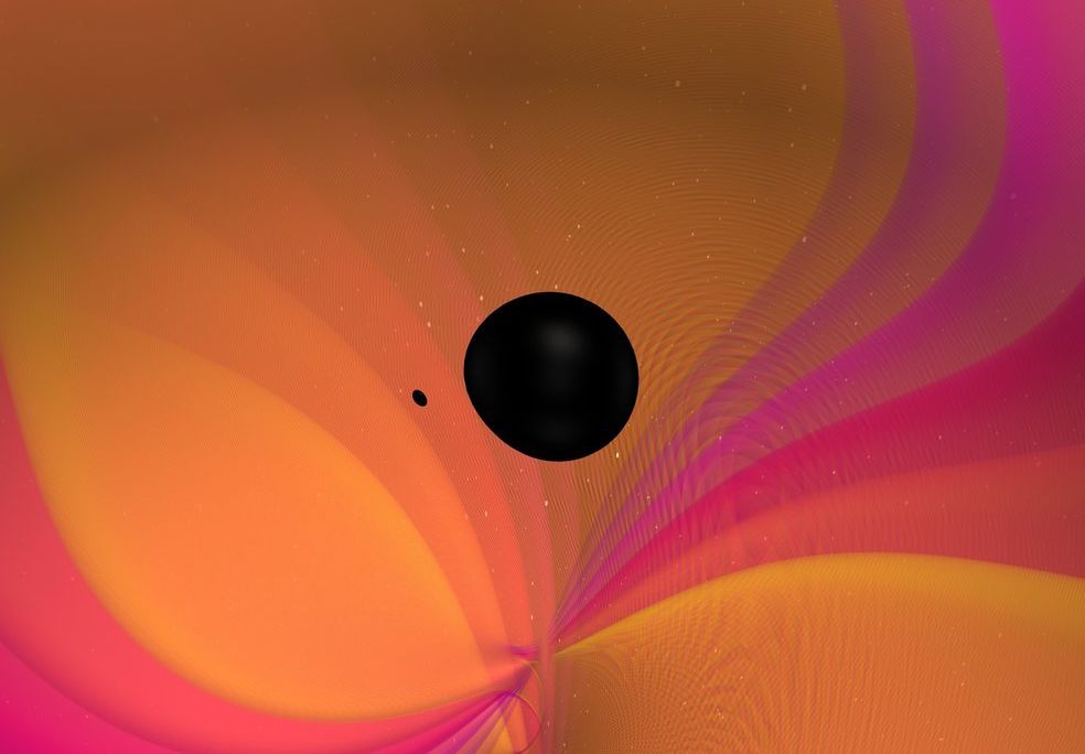 Black holes merge on an orange and pink background