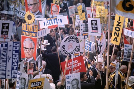 Delegates to the Republican National Convention stage a huge demonstration for Senator Barry Goldwater, after his name was placed in nomination for the Presidency. 