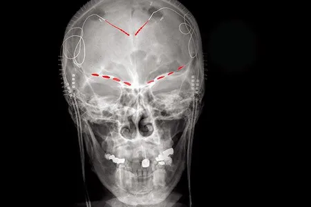 This X-ray of a study participant shows recording electrodes placed in the brain in red, as well as two controllers implanted in the shoulders.