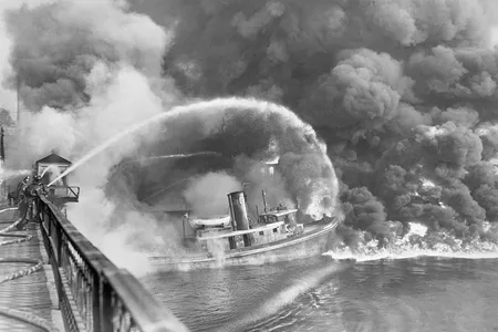 Original Caption: Firemen stand on a bridge over the Cuyahoga River to spray water on the tug Arizona, as a fire, started in an oil slick on the river, sweeps the docks at the Great Lakes Towing Company site in Cleveland Nov., 1st. The blaze destroyed three tugs, three buildings, and the ship repair yards.