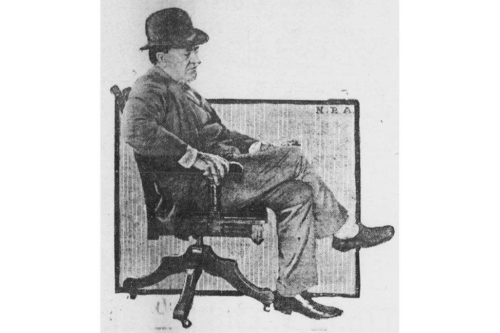 An old photograph of Thomas Edison asleep in an office chair. It looks like a line drawing and depicts Edison with a suit and top hot on dozed off in his chair.