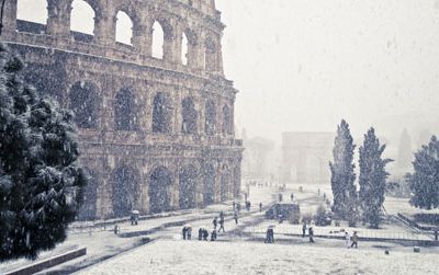 A freakishly cold winter coated Rome's Colosseum in snow