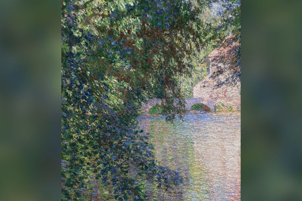 Impressionist painting of water's edge and green tree