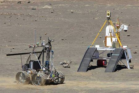 Earth prototype of the Resource Prospector rover (carrying the RESOLVE payload) and lander during recent field tests at Mauna Kea, Hawaii.