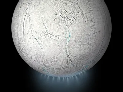 An artist's rendering of gaseous plumes emanating from the southern pole of Enceladus.

