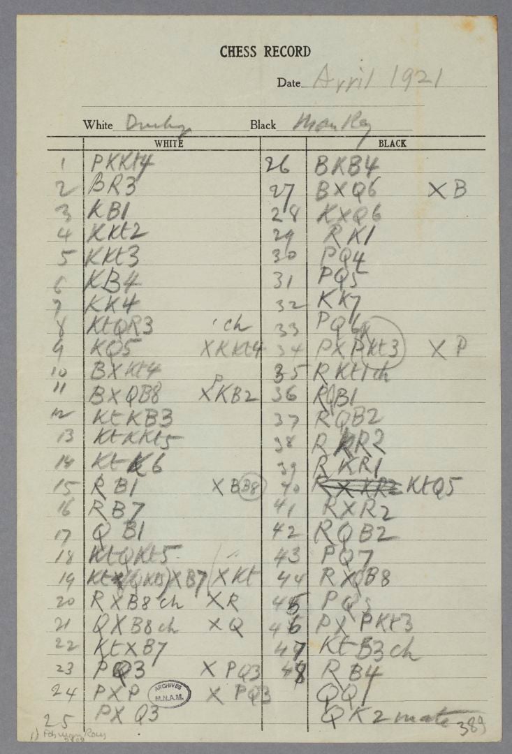 A handwritten list of chess plays between Man Ray and Duchamp