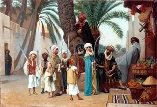 Street scene in a Middle Eastern town during the medieval period.