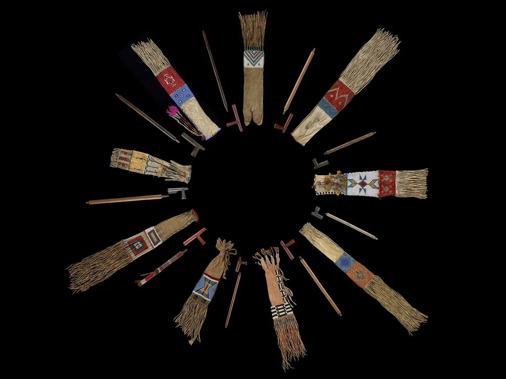 Plains nations' pipes and pipe bags from the collections of the National Museum of the American Indian and the Division of Anthropology, American Museum of Natural History. On view in the exhibition “Nation to Nation: Treaties Between the United States and American Indian Nations” at the National Museum of the American Indian in Washington, D.C. (Ernest Amoroso, Smithsonian)