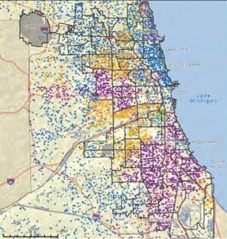 Chicago’s race segregation. Blue dots represent whites, while purple dots represent blacks.