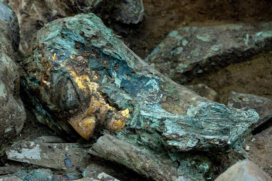 Bronze head with gold mask excavated at the Sanxingdui archaeological site