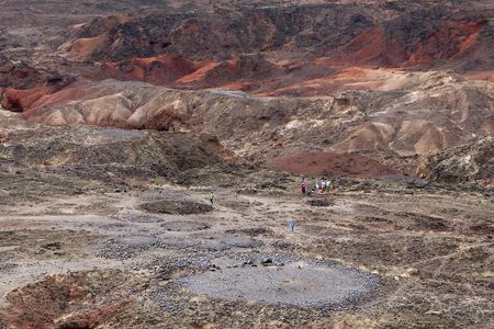Lothagam North Pillar Kenya, built by eastern Africa's earliest herders about 5000 years ago. Megaliths, stone circles, and cairns can be seen behind the platform mound, which upends what scientists believe about how and why early monuments were made.