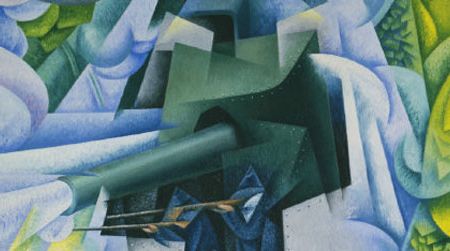 Armored Train in Action (1915) by Gino Severini. Italian Futurist paintings adopted a Cubist visual vocabulary but were bolder and brasher.