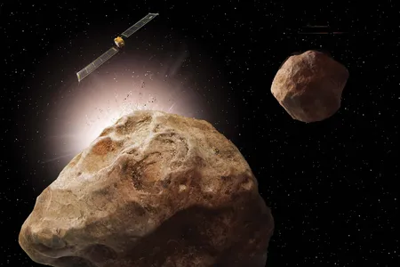 Can humanity play billiards across seven million miles of space? NASA is dispatching the DART spacecraft to smack a moonlet (foreground), shoving it into a new orbit around its asteroid.