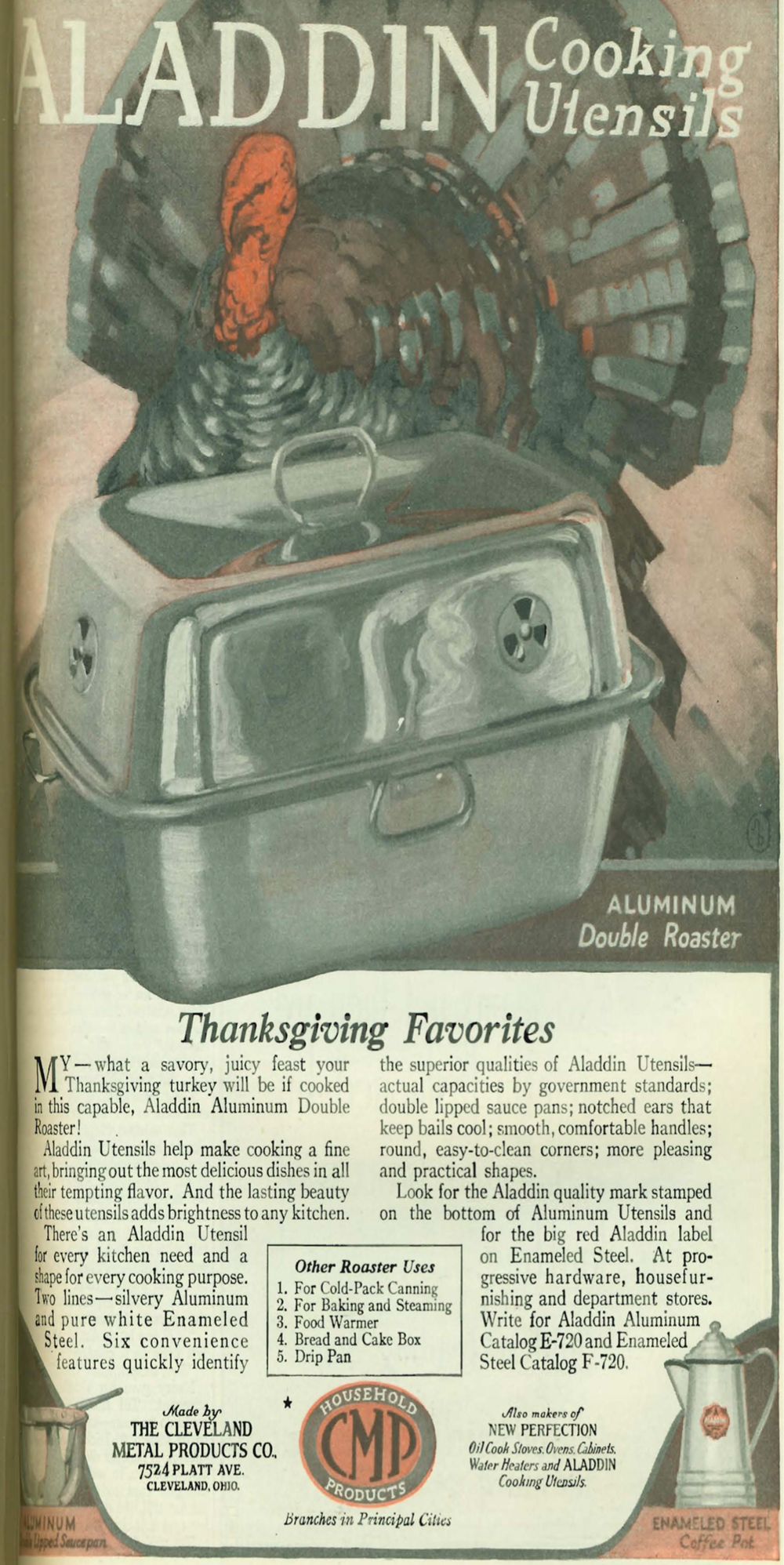 Aladdin Cooking Utensils advertises its double roaster in a 1920 issue of Good Housekeeping.