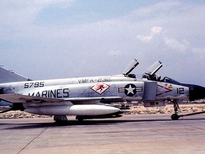 A USMC McDonnell F-4 Phantom II on base, probably in Vietnam. Squadron VMFA-232.