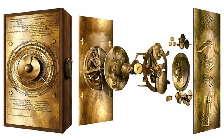 A model of a gleaming golden box, made of bronze, with detailed inscriptions, jeweled markers for planets and a clock-like face with complicated gear mechanisms behind