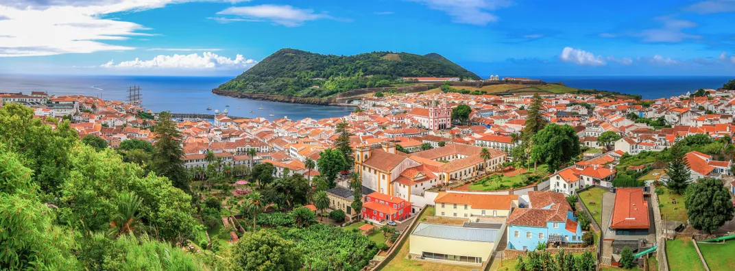 The town of Angra do Heroísmo, with Monte Brasil in the distance, Terceira