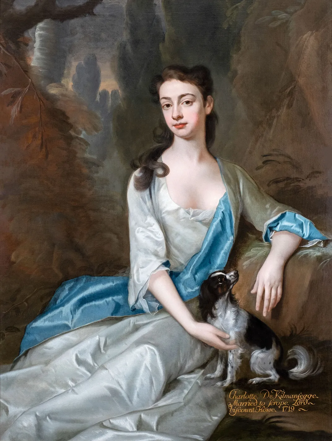 A 1719 wedding portrait of Mary Sophia Charlotte, mother of Caroline and William Howe, with her toy spaniel