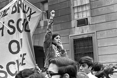 Demonstrators at an anti-Vietnam War protest held at Bronx Science High School in New York in April 1968