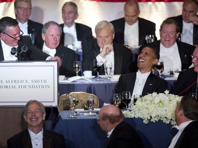 President Barack Obama and Republican Party nominee Mitt Romney broke bread at the 2012 Alfred E. Smith Memorial Foundation Dinner.