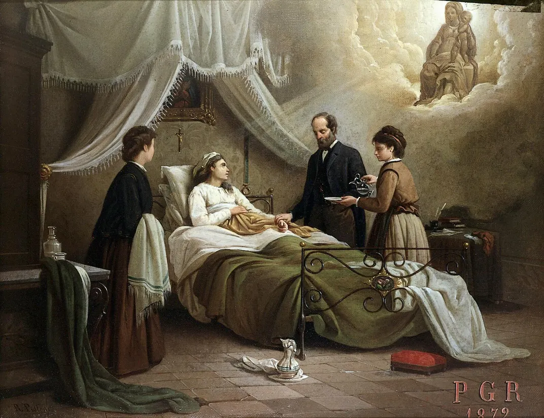 1872 oil painting of a woman in bed in a sickroom, attended by a physician