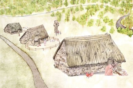 Artist’s reconstruction of historic structures at the site of Netherton Cross, a 10th- or 11th-century religious sculpture that has since been relocated