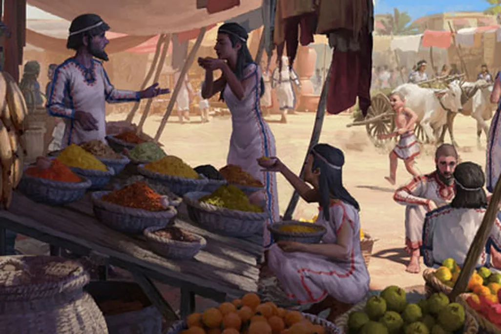 Bronze Age market scene at the Levant. Illustration: Nikola Nevenov