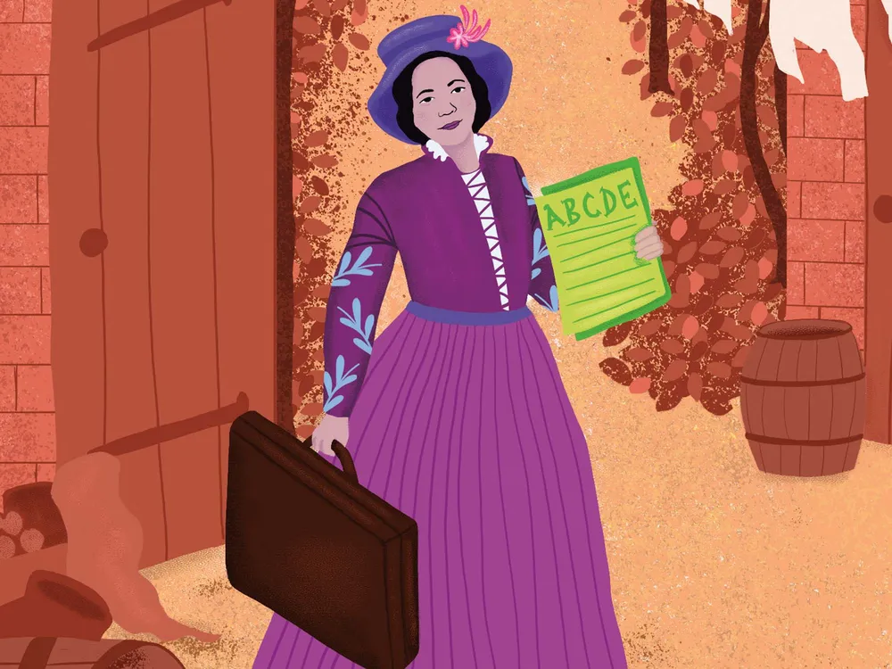 an illustration of a woman in a purple dress holding a green book in one hand and a brief case in the other