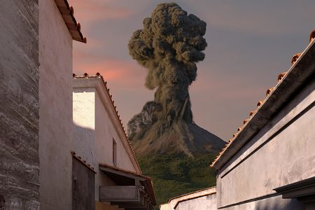 A virtual version of Mount Vesuvius looms over the exhibition.