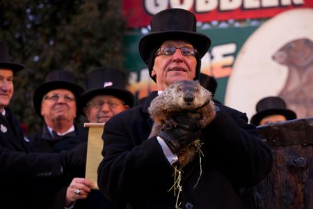 The President, one of only three Inner Circle members who are allowed to handle Punxsutawney Phil, holds him aloft during ceremonies in 2013. 
