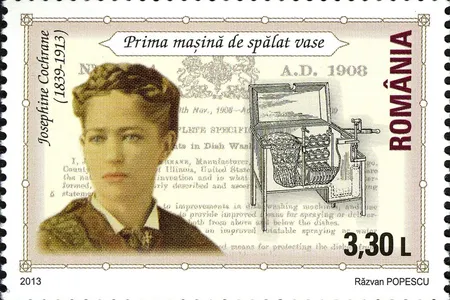 A 2013 Romanian stamp features Cochran and her dishwasher.