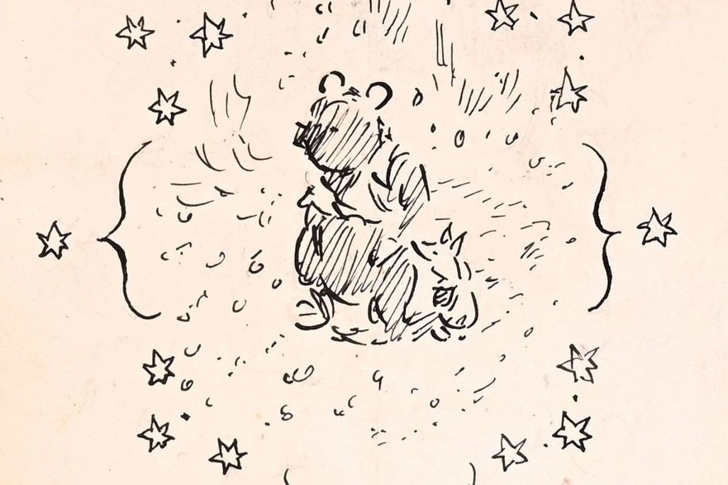 Black sketch of Winnie-the-Pooh against white backdrop