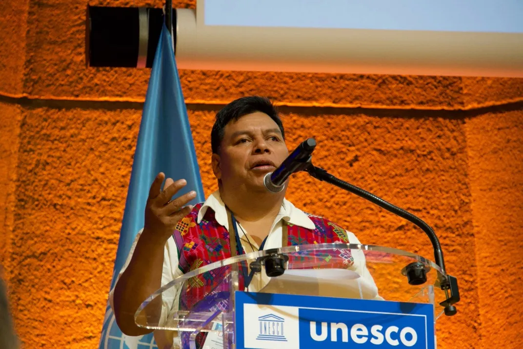 Kawoq Baldomero Cuma Chávez delivering a speech at UNCESCO’s 2025 “Language Technologies for All” conference in Paris entirely in Kaqchikel on behalf of the Mayan Languages Preservation Project.